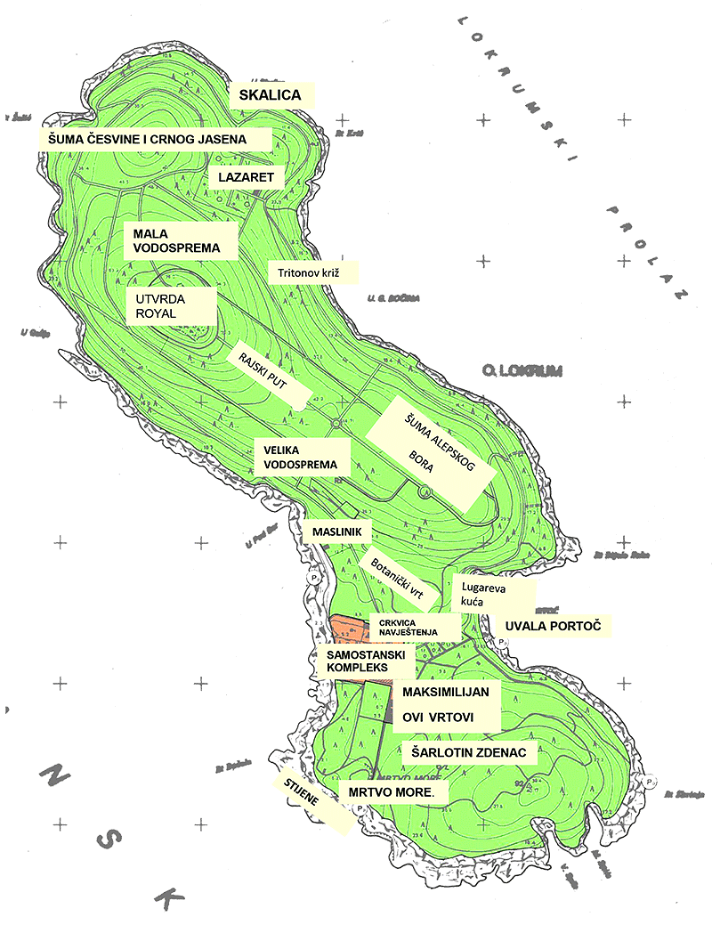 Ostrov Lokrum - mapa